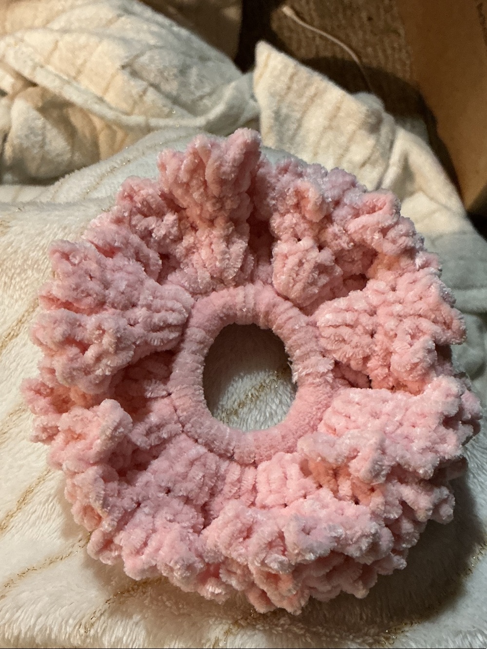 Chunky Pink Chenille Blossom Scrunchie